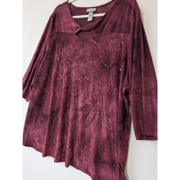 Catherines Womens Burgundy Sequin Embroidered‎ Twist Neck Top Size 3X Wimsygoth - Picture 2 of 8